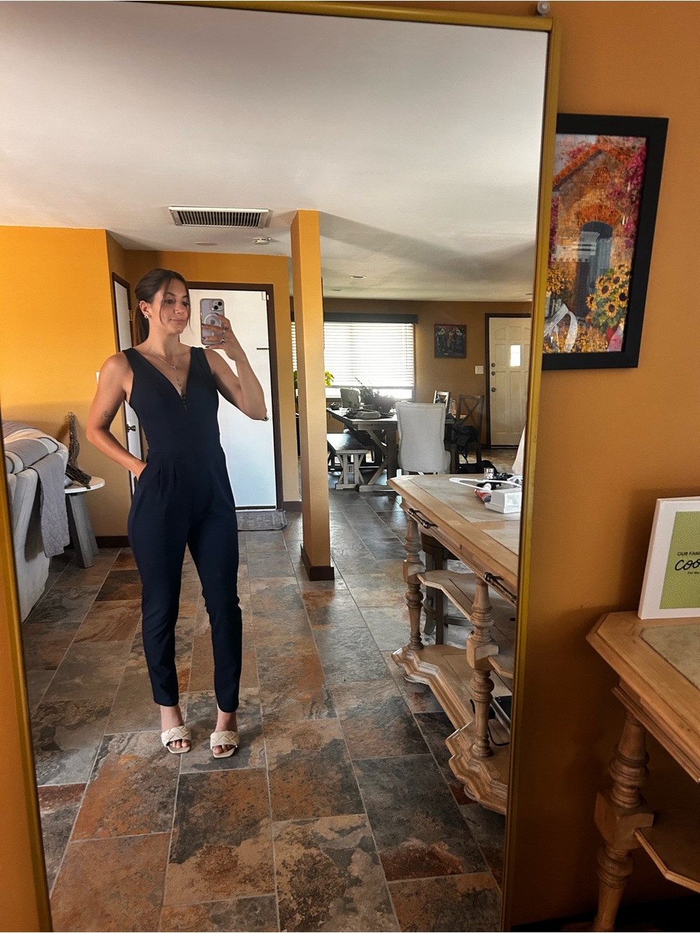 Made in Italy Navy Jumpsuit | Size Small | V-Neck Open Back Pockets